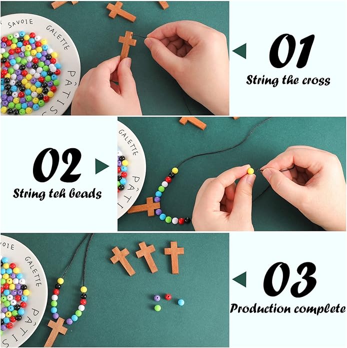 Kathfly DIY Wood Cross on Cord Pendant Necklace Sunday School Crafts for Kids Wood Cross Necklace with Colorful Beads Religious Party Favor for Vbs Church Easter Gifts