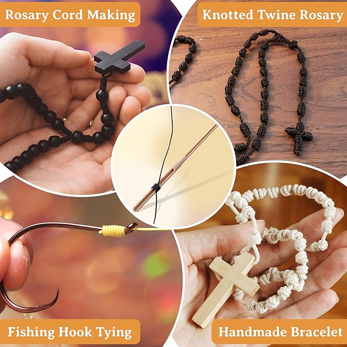 Dunkive 2 Pack Rosary Cord Knotting Tool, #7#9 and #36 Dual Head Twine Knotting Tool, Rosary Making Supplies, Beads Tying Kit, Beading Cord Kit for Jewelry, Fishing Hook, Bracelet(Brown)