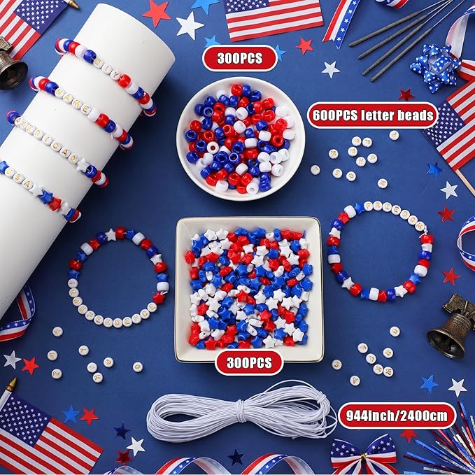 Highergo 1200 Pcs 250th Anniversary Patriotic Bracelets for Women, 4th of July Bead Bracelet Set DIY Craft Kit Red Blue White Stretch Independence Day Jewelry Accessories Outfits Festive Party