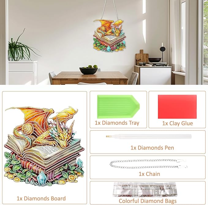 SENQAO Dragon Diamond Art Hanging Kit for Adult, Special Shaped Rhinestone, DIY Acrylic 5D Diamond Art Painting Window Pendants Home Garden Wall Hanging Kits Hanging Ornament