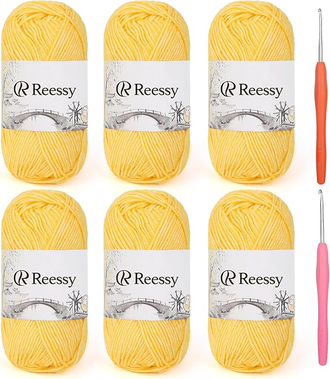 Cotton Yarn for Crocheting - 6 Pack of 50g/1.76oz–78% Cotton, 22% Acrylic – Soft Sport Weight Crochet Yarn (CYC #2), Brushed Air Yarn for Baby Projects, Granny Squares & Plush Toys（Yellow）