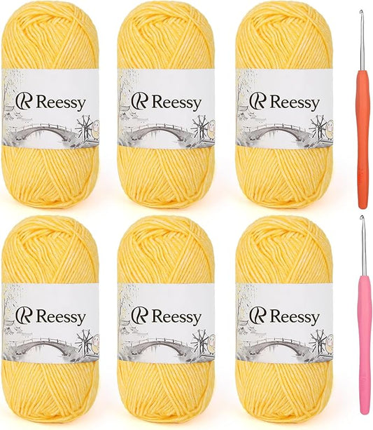 Cotton Yarn for Crocheting - 6 Pack of 50g/1.76oz–78% Cotton, 22% Acrylic – Soft Sport Weight Crochet Yarn (CYC #2), Brushed Air Yarn for Baby Projects, Granny Squares & Plush Toys（Yellow）