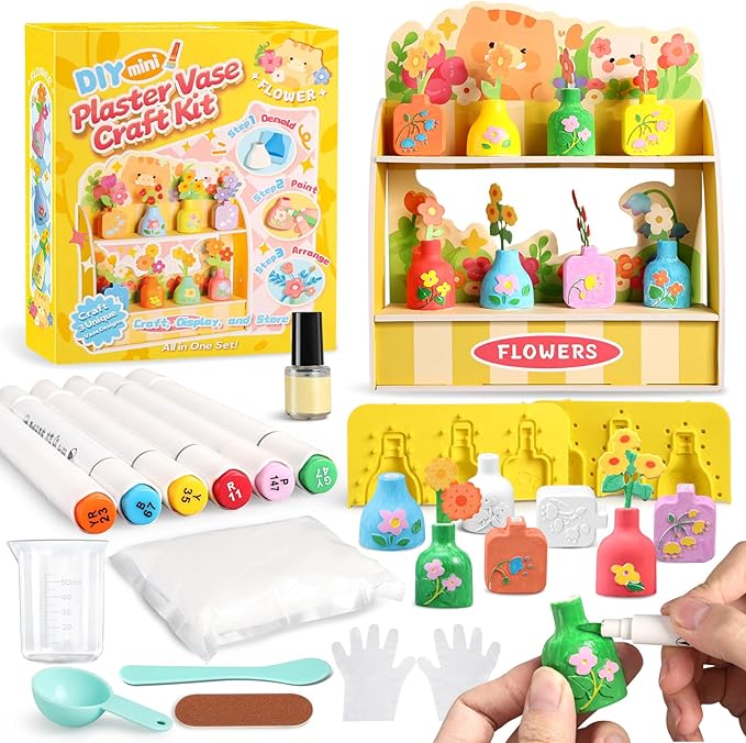 DIY Mini Plaster Flower Vase Craft Kit – 3D Painting & Flower Arranging Toy for Kids – Creative Arts and Crafts Set for Girls Ages 3-8, Preschool Art Gift