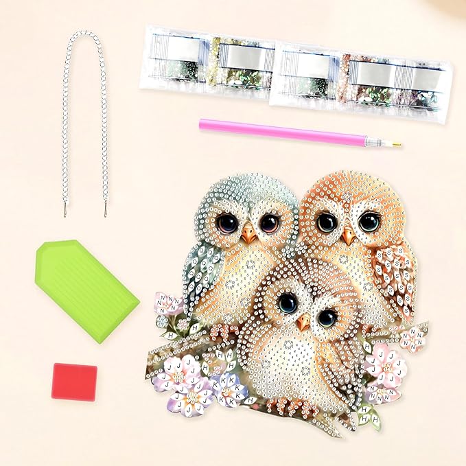 Lxmsja DIY 3 Cute Owls Diamond Painting Hanging Ornament, Double-Sided Acrylic Pink Flowers Diamond Art Kit, Special Shaped Suncatcher Hanging Pendant Window Art Kit 8x8 inch