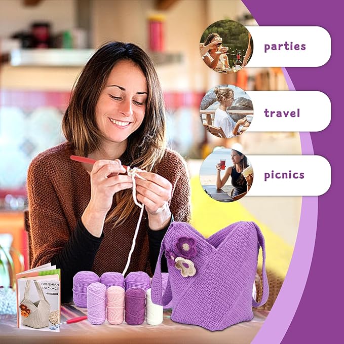 Pnytty Crochet Kit for Beginners, Knitting Kit Complete Starter Set with Yarn, Hook & Step-by-Step Video Tutorials DIY Shoulder Bag Crafting Gift for Adults