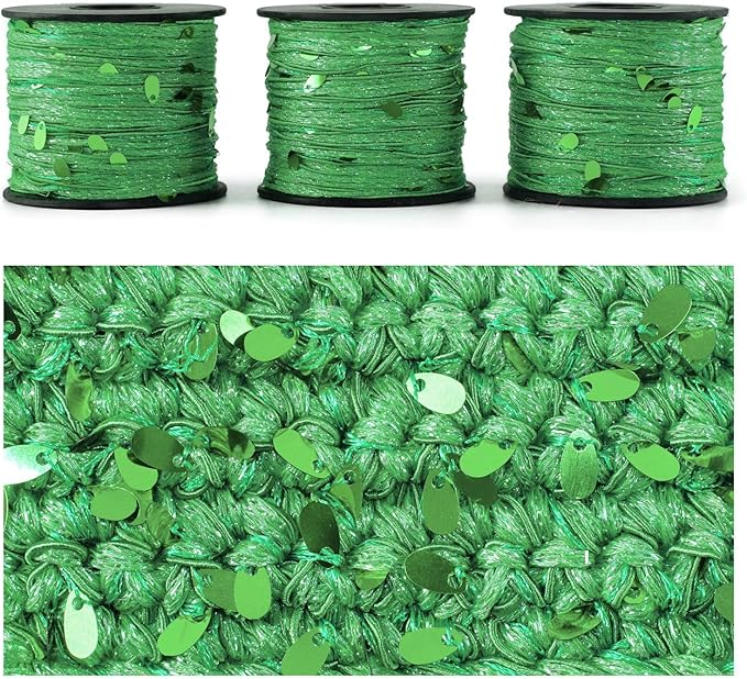 Artisanal Yarn Collection Multifiber Fancy Yarn for Knitting Crocheting Crafts DIY, Set of 3 Rolls (Grass Green Teardrop Sequins)