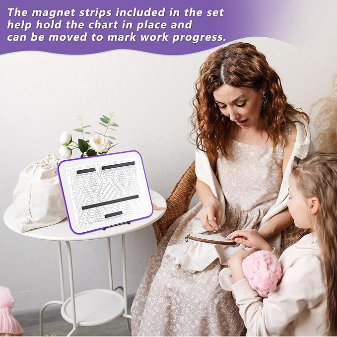 flutesan 8 x 12 inches knitting pattern holder with 4 replacement magnets knitting chart keeper cross stitch magnetic board cross stitch accessories and supplies for crochet(purple border)