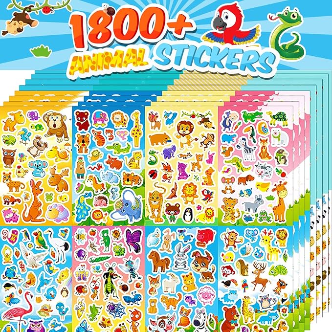 sinceroduct 64 sheets stickers for kids, 1800+pcs animal sticker, 16 animal themes water bottle stickers, scrapbooking party favors classroom for kids, children, teacher, parent