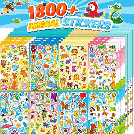 sinceroduct 64 sheets stickers for kids, 1800+pcs animal sticker, 16 animal themes water bottle stickers, scrapbooking party favors classroom for kids, children, teacher, parent