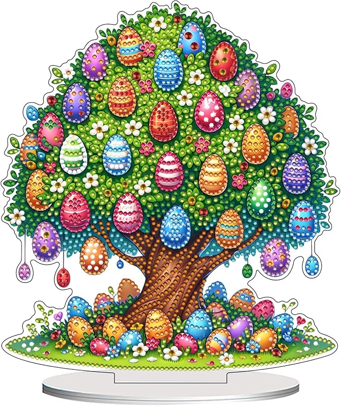 VODAPYC Easter Diamond Art Tabletop, DIY Stand Up Double Sided Special Shaped Partial Diamond Art Desktop Ornaments for Home Decor(Easter Egg Tree of Life)