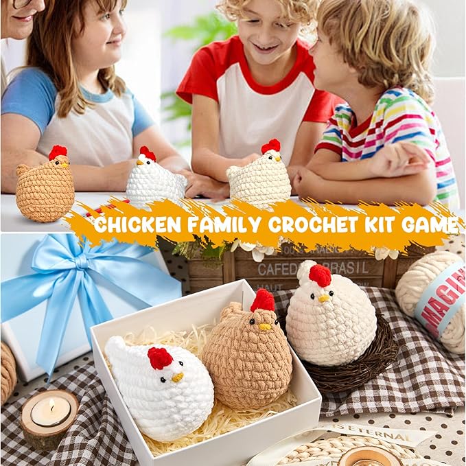 MAGIMUSE Crochet Kit for Beginners, Crochet Starter Kits for Adults Amigurumi Craft Knitting Crochet Animals Kits with Step-by-Step Video Tutorials, 3 Pcs Chicken (40%+ Yarn)