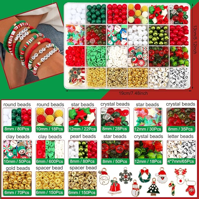1456Pcs Christmas Bracelet Making Kit, Christmas Beads Charms for Jewelry Making Red Green Clay Beads Pearl Beads Star Round Crystal Bead Snowflake Santa Xmas Tree Pendants for Necklace Earrings Craft