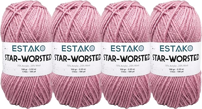 Estako Star-Worsted Yarn - (4 Skeins Pack) - 75% Acrylic 25% Wool - Soft Medium Weight #4 - (4 x 3.52 oz / 4 x 186 yds) - Crochet & Knitting Yarn (43142 - Rose)