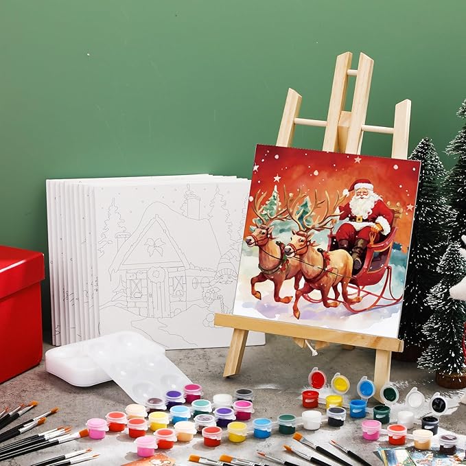 Ctosree 12 Pack Pre Drawn Canvas Kit for Painting Sip and Art Paint Kit for Adults Pre Painted Canvas Party Favors for DIY Holiday Party Date Night Gifts(Classic Xmas,8 x 8 Inch)
