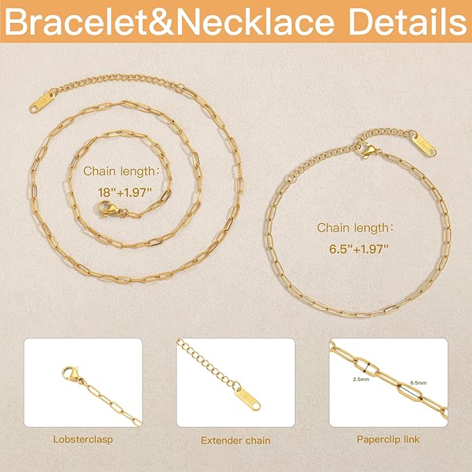 Swyabi 20 PCS Gold Plated Necklace Bracelet Chains Bulk Stainless Steel Paperclip Chain with Extender for Jewelry Making