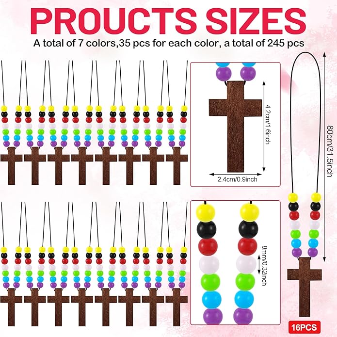 Kathfly DIY Wood Cross on Cord Pendant Necklace Sunday School Crafts for Kids Wood Cross Necklace with Colorful Beads Religious Party Favor for Vbs Church Easter Gifts