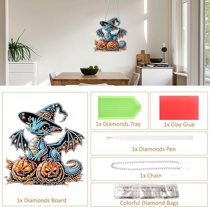 SENQAO Dragon Diamond Art Hanging Kits for Adults, Acrylic Diamonds Painting Pendant Board Kit Halloween Pumpkin, Diamond Art Painting Window Pendants Home Garden Wall Hanging Kits Hanging Ornament