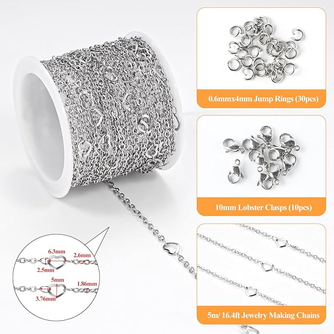 16.4 Feet Stainless Steel Jewelry Making Chains Heart Link Chain for Women Necklace DIY Heart Chains Bulk