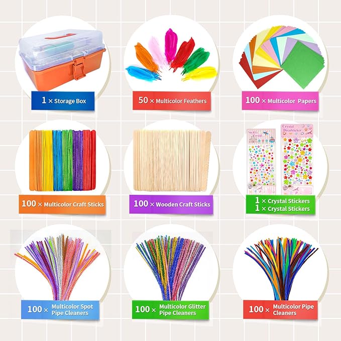 kortes Jumbo Art and Craft Supplies for Boys and Girls, Toddler DIY Craft Art Supply Set Included Pipe Cleaners, Pom Poms, Feather, Folding Storage Box - All in One for Craft DIY Art Supplies(Orange)