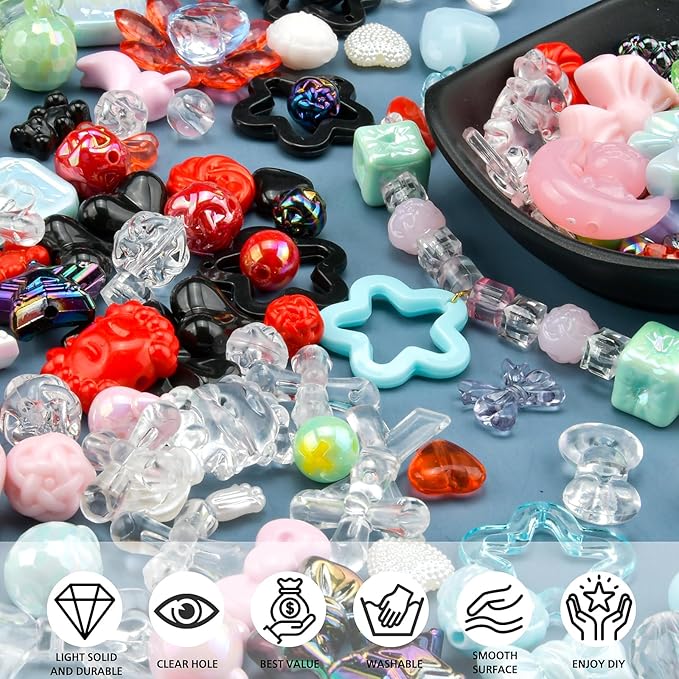 ABONDEVER 245-300Pcs Assorted Acrylic Beads for Bracelets Making kawaii Star Bow Flower Candy Heart Gummy Bear Butterfly Aesthetic Beads for DIY Jewelry Crafts Keychain Necklace Phone Charms(5 Colors)