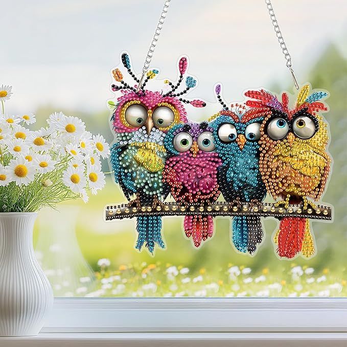 Hanging Diamond Art Kit for Adult, Colorful Cute Birds, 5D Special Shaped Rhinestone Diamond Painting Ornament, Funny Birds, DIY Acrylic Diamond Art Painting Window Pendants Home Garden Wall Decor