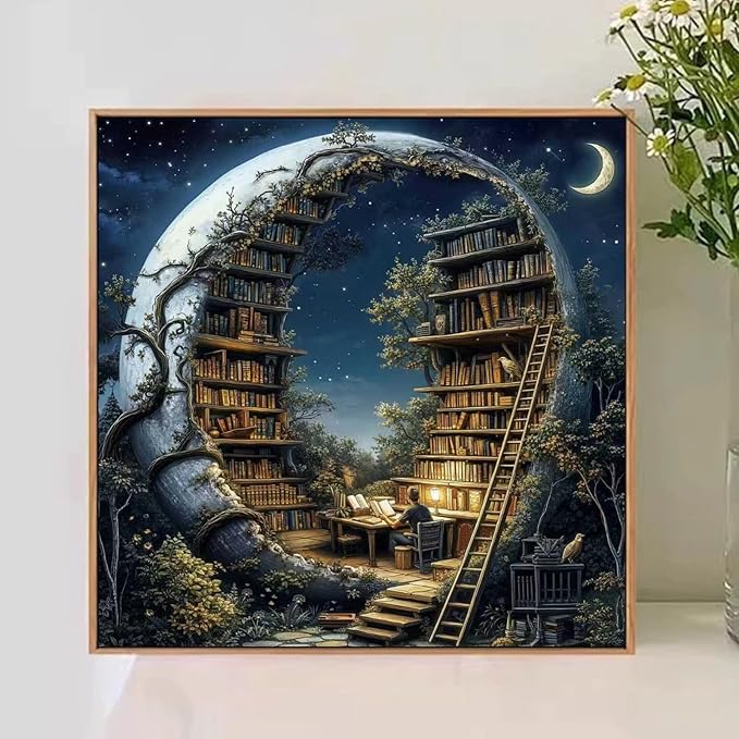 Mandun Library Paint by Numbers for Adult, Night Book Forest FantasyPaint by Numbers Kit for Adults Beginners, DIY Acrylic Painting on Canvas for Home Wall Art Decor(16x16Inch