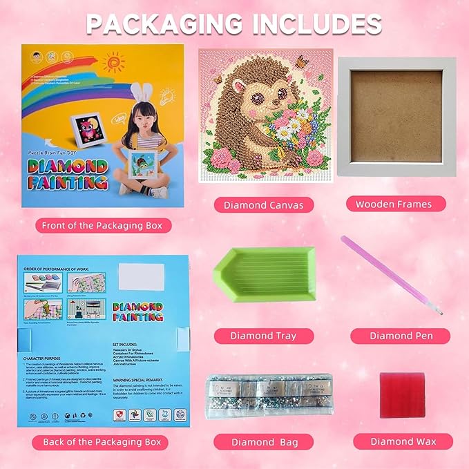 Hedgehog Diamond Art Painting Kits for Kids with Frame, Animal Diamond Art for Kids Ages 4-8-12 with Frame, Easy Small Cute Gem Painting Kit for Gift Home Wall Decoration (7x7 inch)
