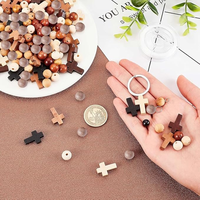 SUNNYCLUE 250Pcs Wood Cross Charms Easter Holiday Small Cross Beads Bulk Wooden Round Unfinished Wood Bead 10mm Beading Keychain Making Kit Mini Charm for Keychains Bracelets DIY Craft