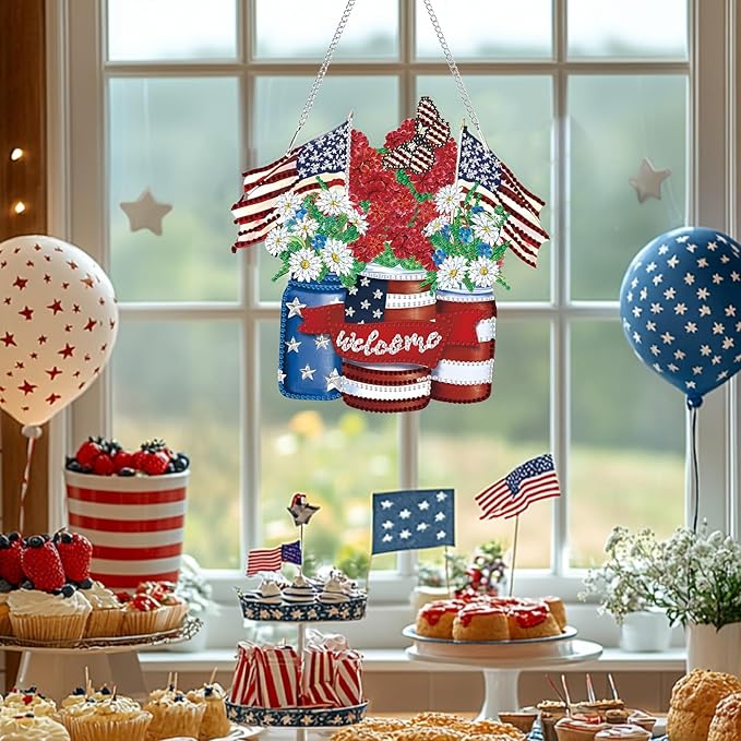 Bowetile Independence Day Diamond Art Hanging American Flag Kits for Adults, 4th of July 5D Diamond Painting USA Window Pendant Kits, Special Shape Gem Art Suncatcher Ornament for Home Wall Decor