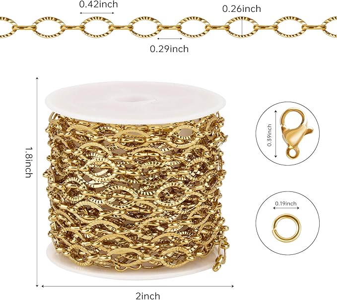 Kyutong 5 Meters Embossed Necklace Chains for Jewelry Making Gold Plated Stainless Steel Chain Roll on Spool Oval Links Jewelry Findings for Handcraft DIY