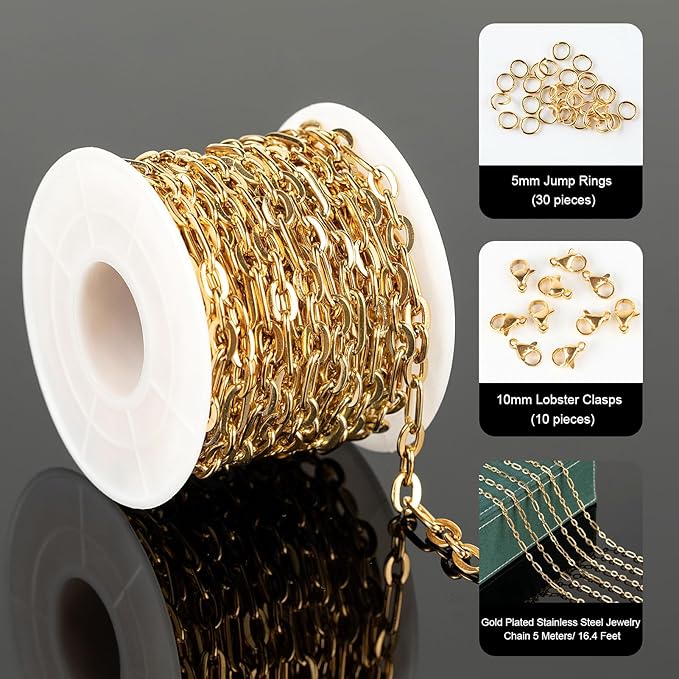 UMAOKANG 16.4 Feet Gold Plated Chain for Jewelry Making Stainless Steel Paperclip Chain Necklace Bracelet DIY Jewelry Supplies Findings