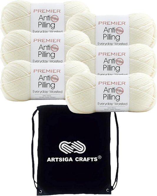 Premier Yarns Everyday Anti-Pilling Solid Aran DN100-68 (6-Skeins - Same Dye Lot) #4 Worsted Weight Acrylic Yarn for Crocheting and Knitting with Project Bag