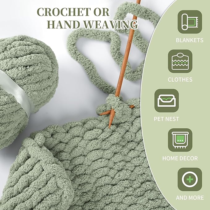 8 Packs Jumbo Chenille Chunky Yarn for Crocheting Knitting, Handcrafts & Blanket Yarn (Sage Green, 8 Pack)
