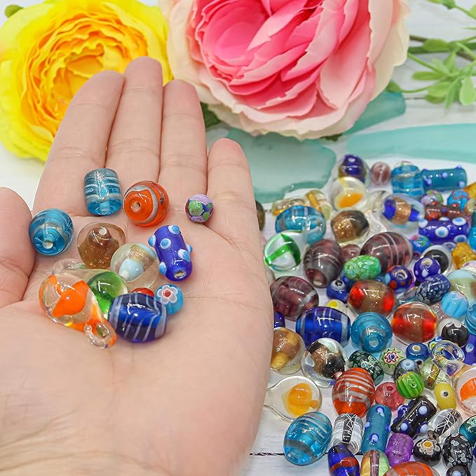Fun-Weevz Assorted Glass Beads for Jewelry Making Adults, Bulk Glass Beads for Crafts, Lampwork Murano Bead Mix for Bracelets and Necklaces, Crafting Beads Supplies Kit, Large & Small Beads