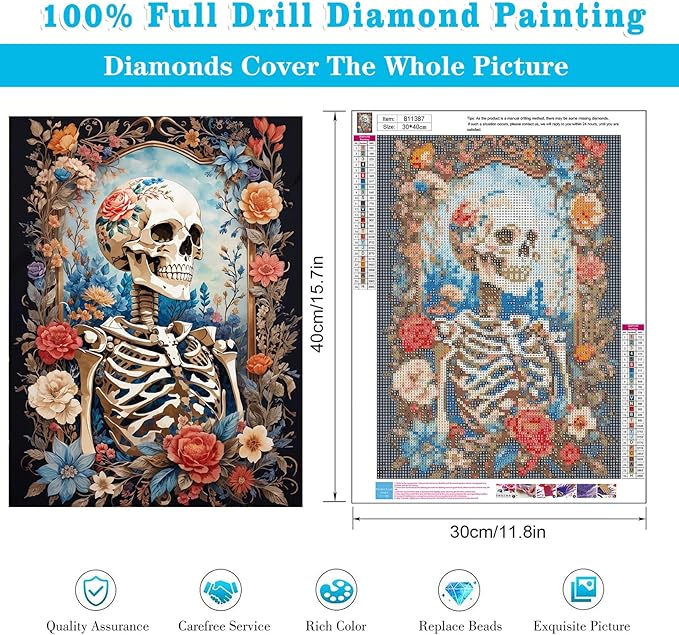 Meothan Skull Flower Diamond Painting Kits for Adults DIY Skull Skeleton Diamond Art Kits Full Round Drill 5D Full Drill Crystal Rhinestone Gem Art Craft Home Wall Decor 12 x 16 Inch