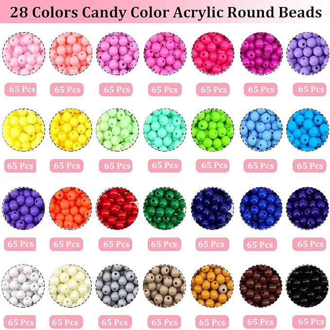 1820Pcs 6mm Acrylic Round Beads for Jewelry Making, 28 Colors Rainbow Round Beads for Bracelets Making Kit Candy Color Plastic Bubble Gum Beads Pastel Loose Beads Bulk for DIY Necklace Crafts, Medium