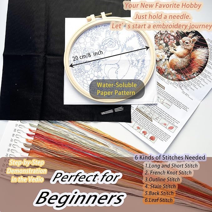 FONNUY Funny Squirrel Floral Embroidery Kit, Cross Stitch Kits for Beginners, Handmade Crafts with Printed Patterns for Beginner Adults, Easy to Follow Color Thread Needlework, 8'' Hoop (Clever)