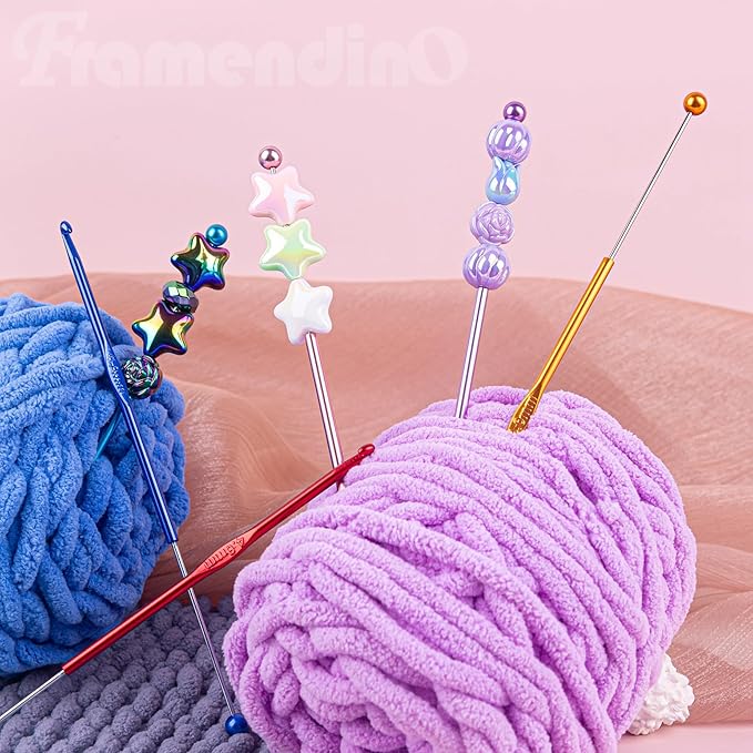Framendino, 6 Pack Beadable Crochet Hooks 4 mm Aluminum Set for Knitting Scarf Hat Colors