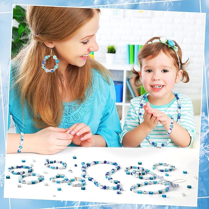 Augshy 300Pcs Winter Beads for Jewelry Making, Winter Blue Polymer Clay Beads Holiday Snowflake Snowman Craft Bead for Bracelets Necklaces Earrings Making Supplies