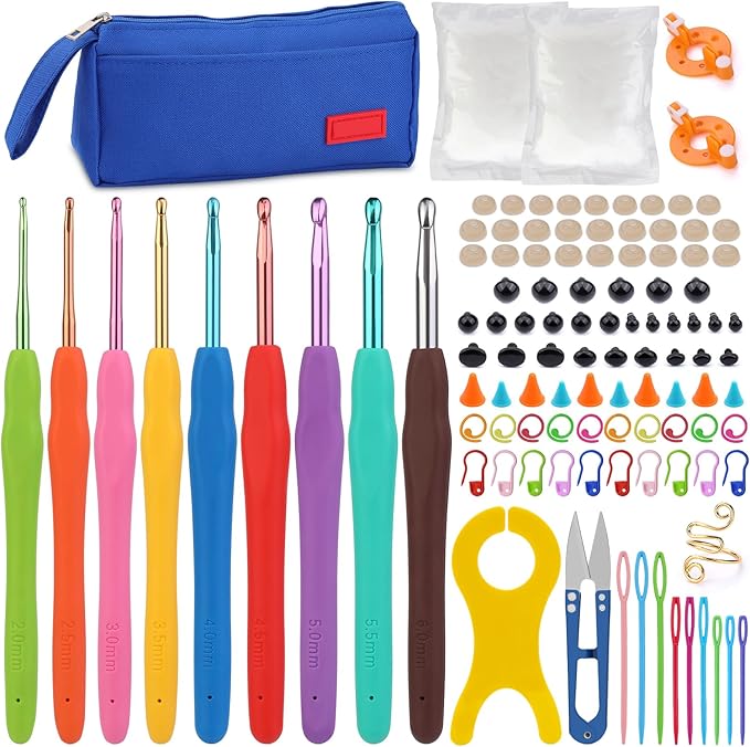 Pnytty 109pcs Crochet Hooks Kit Include 9pcs Ergonomic Crochet Hooks, 50g Premium Polyester Fiber Fill, Plastic Eyes, Noses, Crochet Tool Kit for Arthritic Hand Knitting Craft Handmade Crochet Project