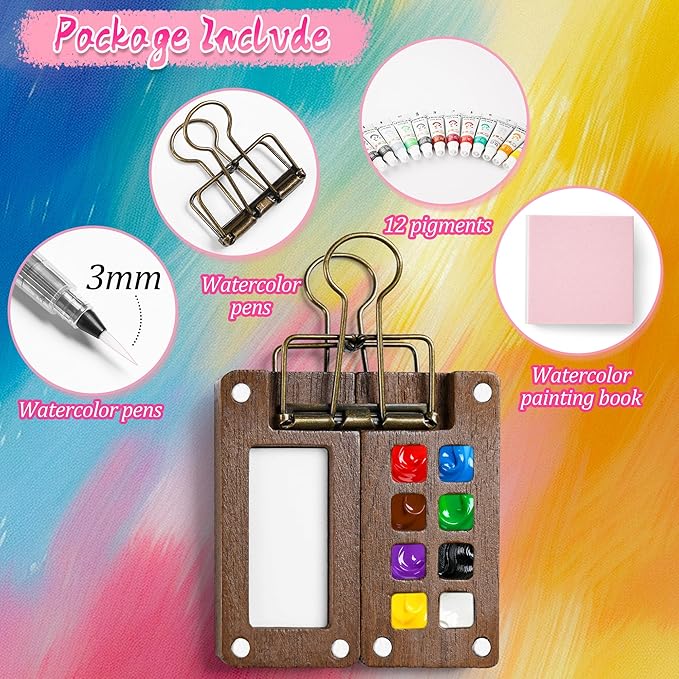 Mini Watercolor Paint Set, 12 Colors Portable Pocket Watercolour Travel Kit with 8 Grid Wood Paint Palette, Sketchbook, Metal Clip, Water Brush for Painters Artists Students