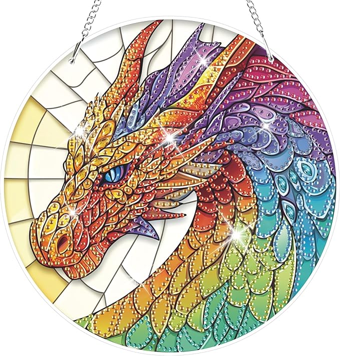 HEIBAGO Dragon Hanging Diamond Art Kits for Adults, Stained Glass Special Shaped Crystal Diamond Painting Ornament Kit, DIY Double-Sided Pattern Gem Art Kit for Home Wall Decor 8.3x8.3inch