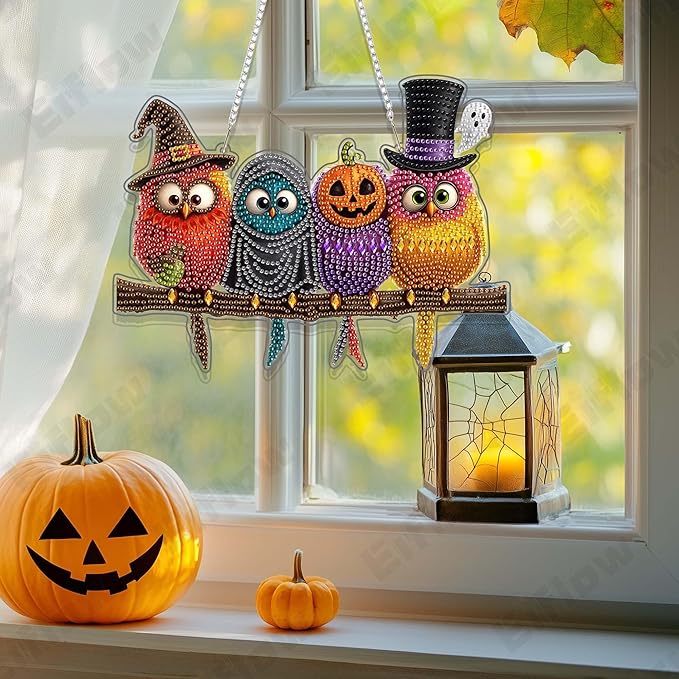 Eiflow Acrylic Diamond Art Hanging Kit for Adults Halloween Bird, DIY Diamonds Painting Door Hanger Board Kit, Special Crystal Diamond Art Painting Pendant Ornament