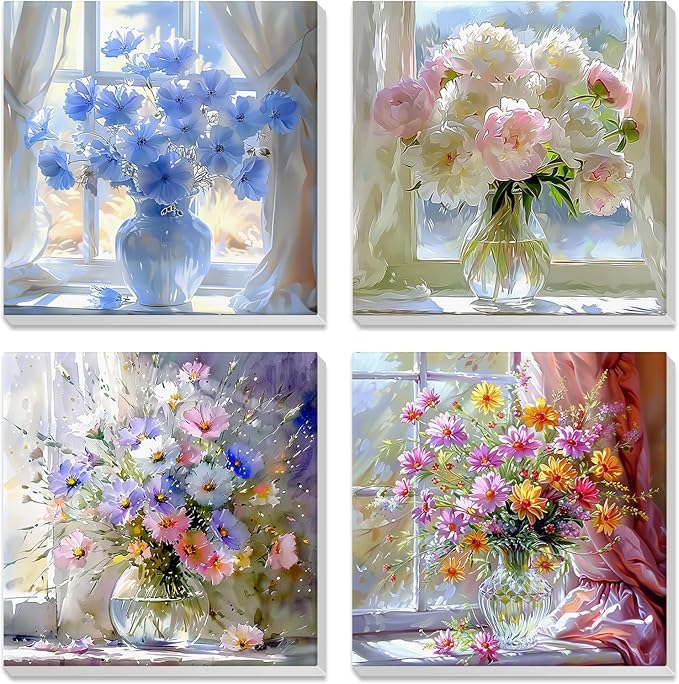 NEWENMO 4 Pack Paint by Numbers for Adults with Wooden Framed, Wildflowers in Vase, Paint by Number Kits on Canvas for Beginner, DIY Acrylic Oil Painting Kits for Home Decor 8x8 inch, Colorful Flowers