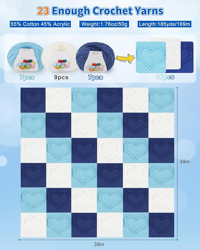 Coopay Crochet Blanket Kit for Beginners - 3D Love Granny Square Crochet Kit with Step-by-Step Video & Enough Yarns, Easy Bobble Blanket Crochet Kits for Adults, Ideal Gift for Craft Lovers (Blue)