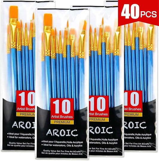 Acrylic Paint Brush Set, 4 Packs / 40 pcs Nylon Hair Brushes for All Purpose Oil Watercolor Painting Artist Professional Kits