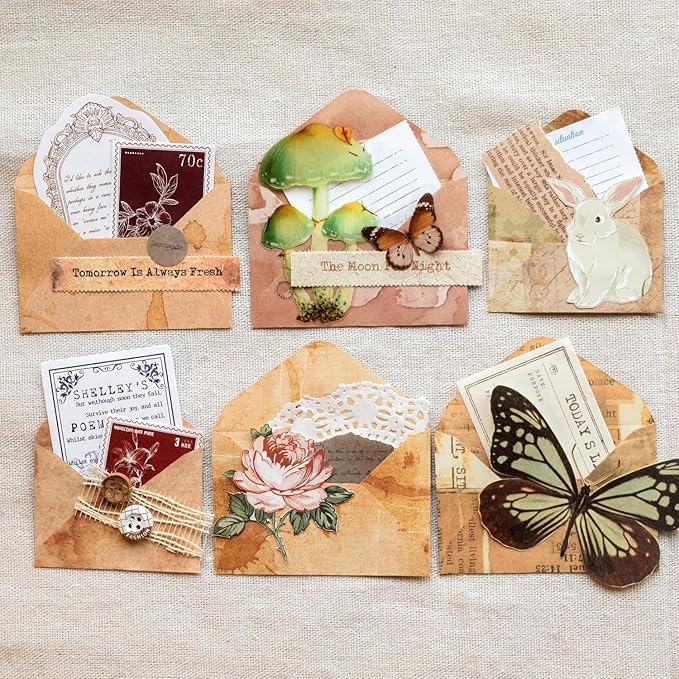 92 Pieces Mini Stationery Paper Envelopes and Sealing Sticker Set, 60 Vintage Writing Scrapbook Papers with 16 Matching Envelopes and 16 Round Seal Sticker