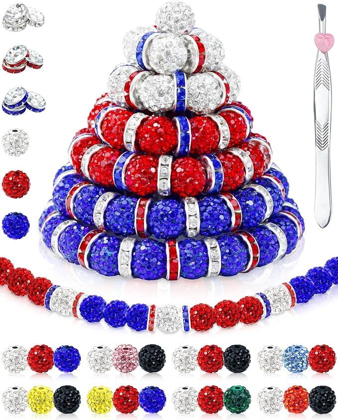 180pcs fiveizero 10mm rhinestone beads for jewelry making – sparkly round crystal clay beads & spacers in patriotic baseball team colors for bracelets, necklaces & diy crafts (red, blue, white)