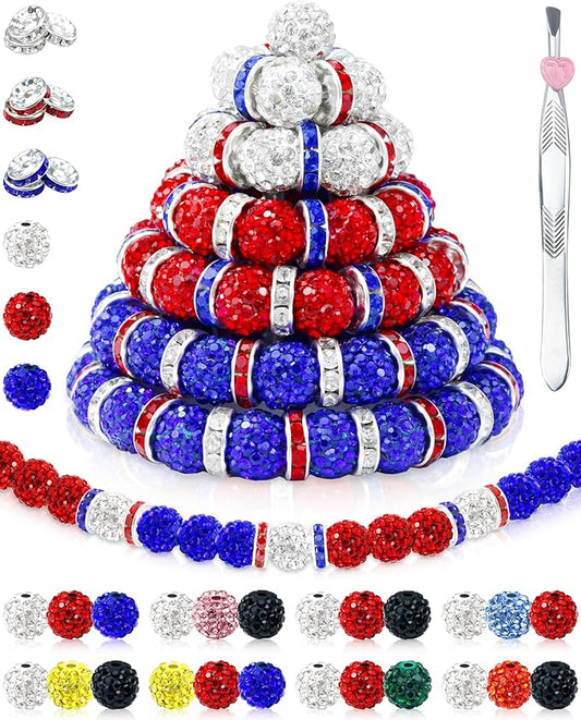 180pcs fiveizero 10mm rhinestone beads for jewelry making – sparkly round crystal clay beads & spacers in patriotic baseball team colors for bracelets, necklaces & diy crafts (red, blue, white)
