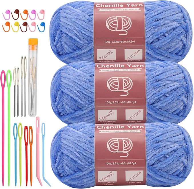 LUNARM Chenille Yarn for Crocheting Knitting, 3 Skein 263 Yard Thick Soft Chunky Fluffy Weaving Plush Yarn for Blankets Clothes Pattern Creations with Big Eye Needles (Sky Blue)